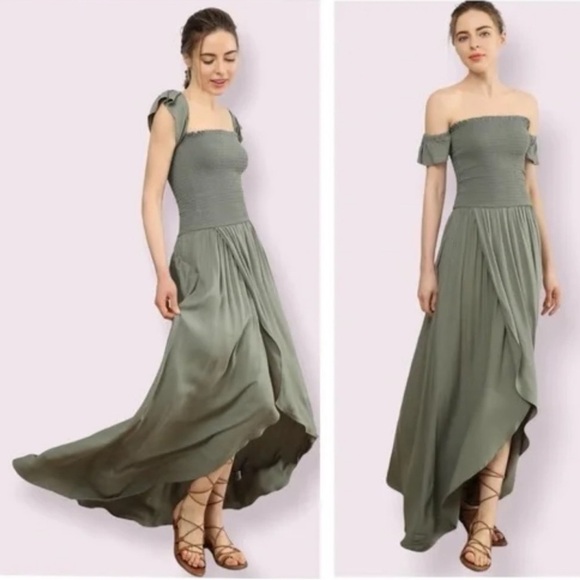 Young Fabulous & Broke Dresses & Skirts - Young Fabulous & Broke Smocked light Green Frida smocked off shoulder Dress XS